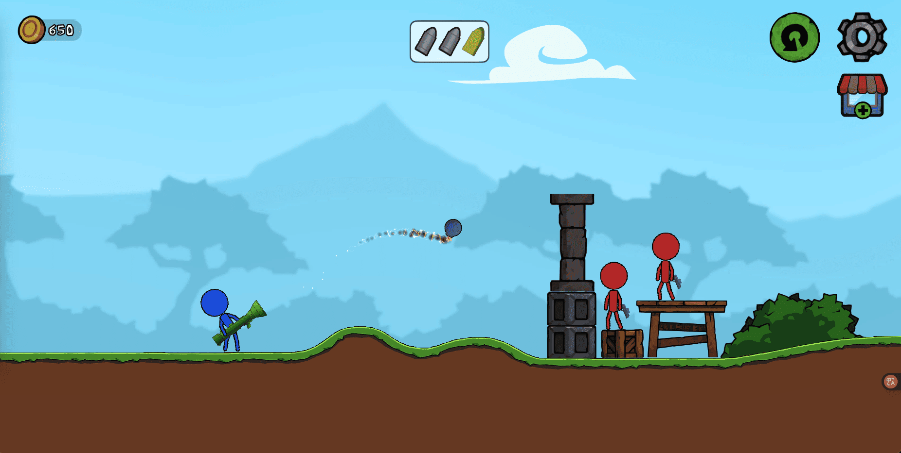 Stick Boy Bazooka Ragdoll game interface with ragdoll physics and bazooka firing